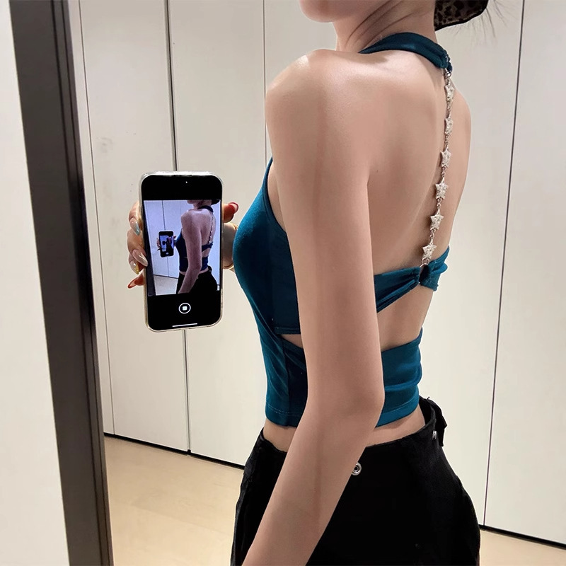 Halter Neck Backless Sexy Camisole Women's Summer Inner Wear Beautiful Back Bra All-In-One with Breast Pads Outer Sleeveless Top