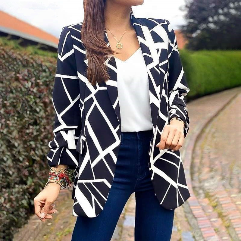 Saco Blazer Estampado Sin Botones de Poliéster Entallado Manga Larga para Mujer