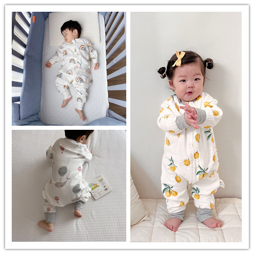 Autumn and winter new bamboo cotton six-layer split-leg pajamas for infants and toddlers anti-kick quilt newborn baby anti-jump one-piece sleeping bag