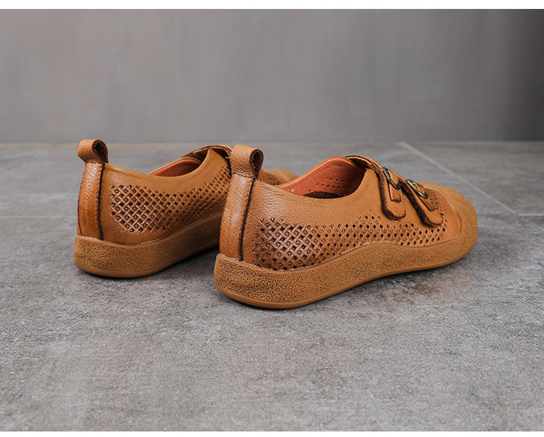 Sandal nữ da bò thật phong cách cổ điển, đế bệt, mũi kín, thiết kế thoáng khí họa tiết rỗ — màu nâu chi tiết 12