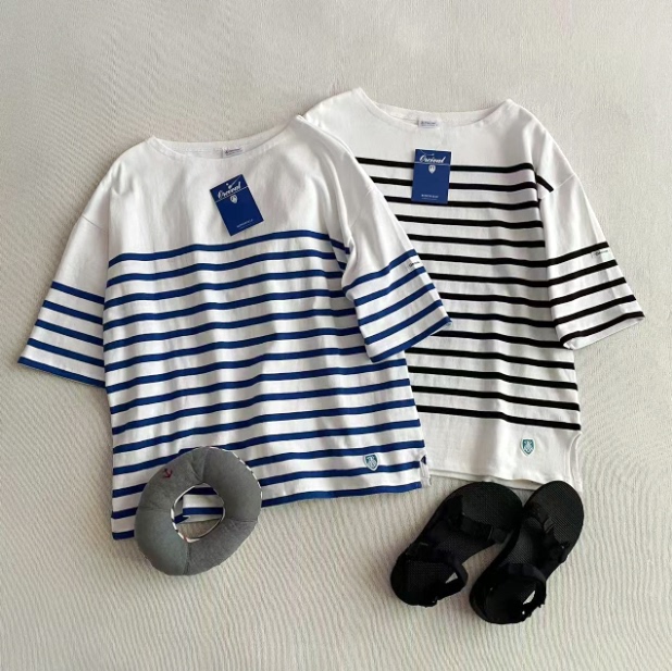 Recommend! Japanese Line French Old Brand Classic Navy Stripesd Little Bee Organic Cotton Three-Quarter Sleeve T-Shirt 2 Colors