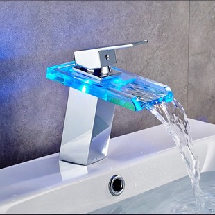 Temperature Controlled Three-Color Led Luminous Glass Faucet Square Waterfall Basin Above Counter Basin Hot and Cold Water Faucet Manufacturer
