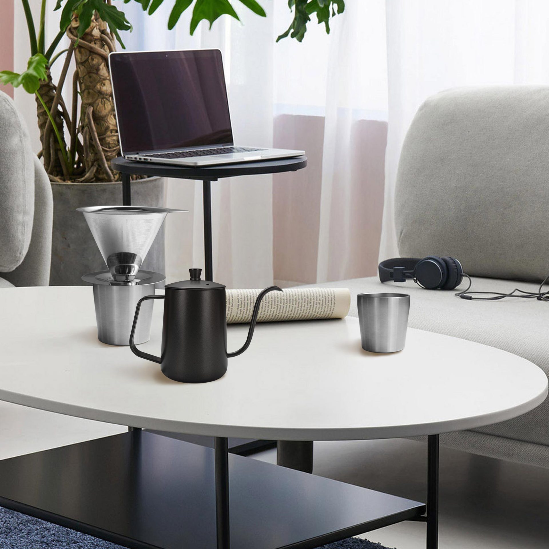 24 años nuevo juego de café de mano de acero inoxidable para viajes al aire libre caja de regalo de cuatro piezas juego de cafetera de mano