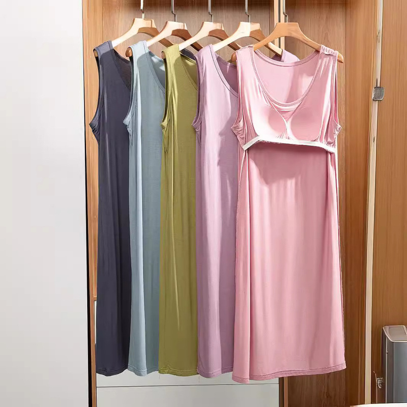 Modal Large Size Vest Dress Women's Summer Mid-Length Dress with Breast Pads Pure Color Fat mm Bottoming Skirt Home Nightgown Modal Large Size Vest Dress Women's Summer Mid-Length Dress with Breast Pads Pure Color Fat mm Bottoming Skirt Home Nightgown