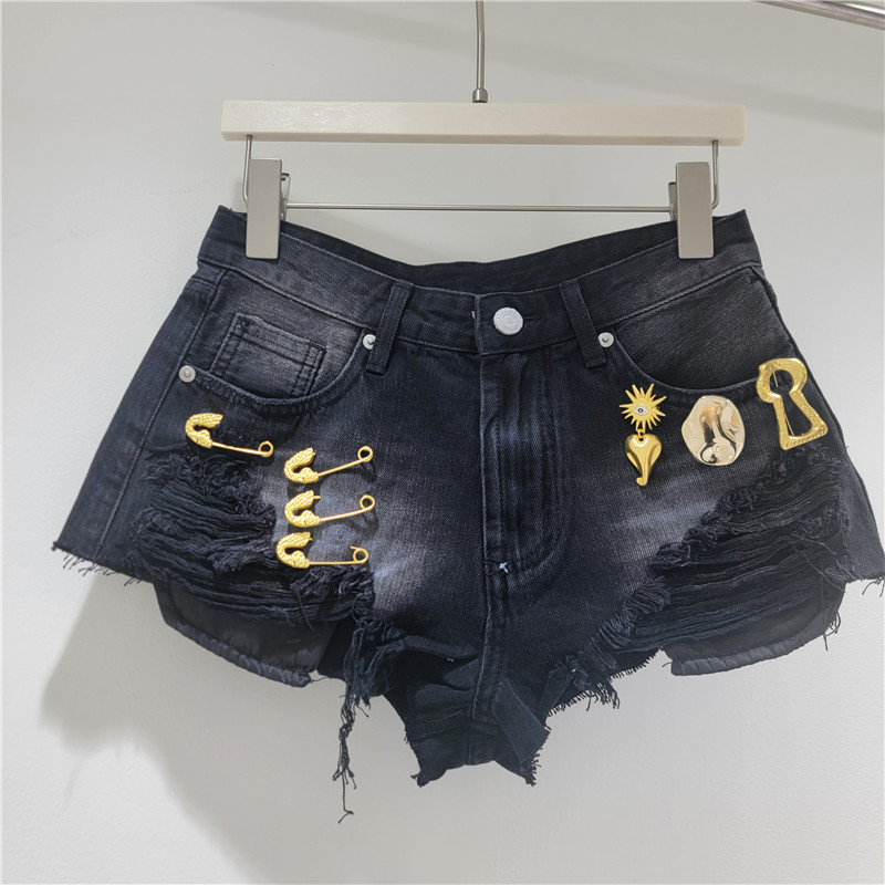 Shorts de Mezclilla de Tiro Alto de Mezclilla de Poliéster con Efecto Desgastado