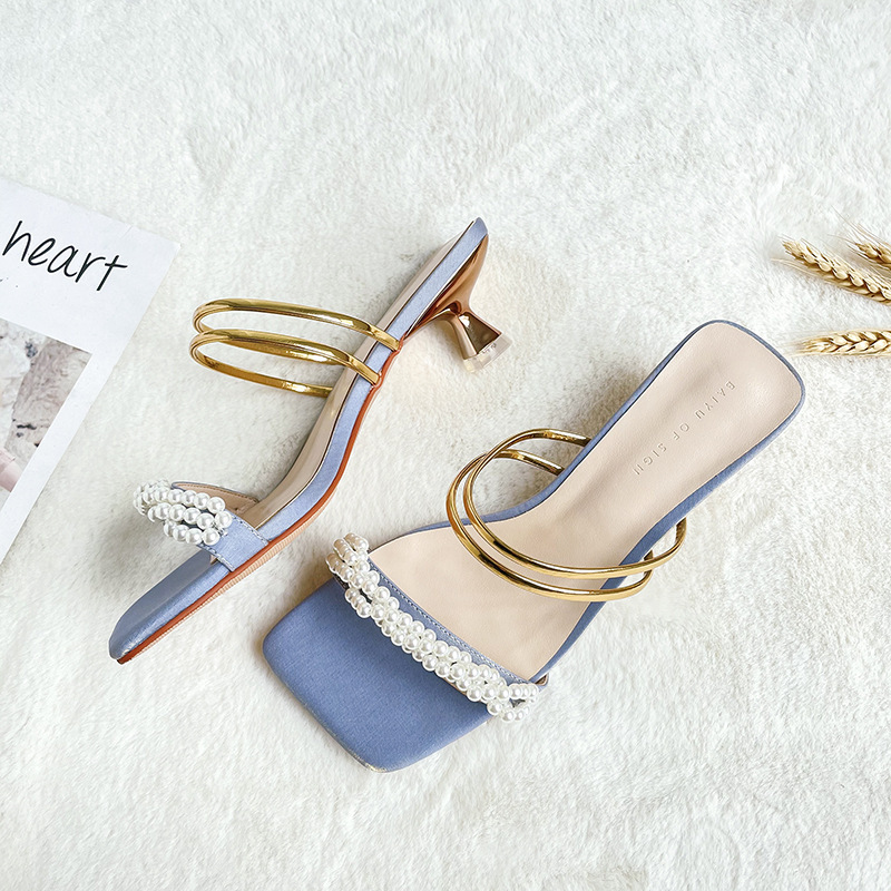 Fu No. One strap Pearl sandals for women 2022 New Golden strap stiletto square toe fashion women's shoes lady's shoes