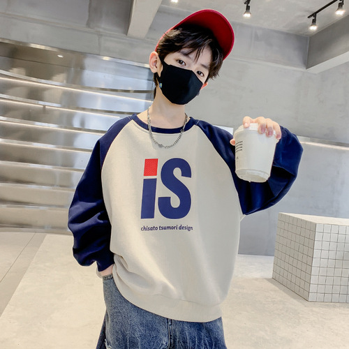 Boys' trendy and handsome casual sweatshirts for middle-aged and older children's spring and autumn single-piece spliced ​​long-sleeved T-shirt tops English pullovers