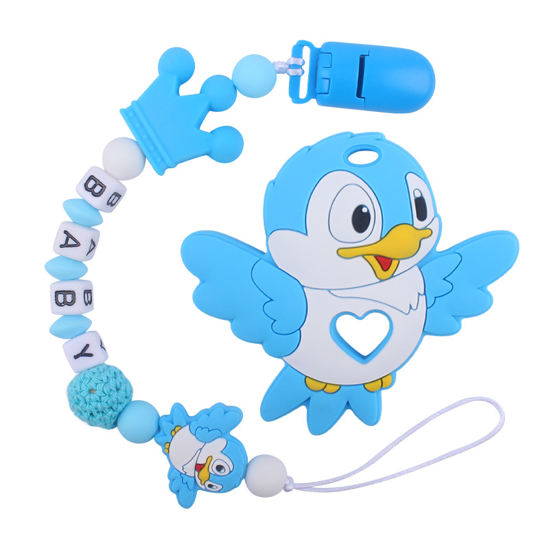 Nuevos suministros para bebés de dibujos animados animal pájaro mordedor calmante bebé chupete de silicona cadena teether traje de juguete