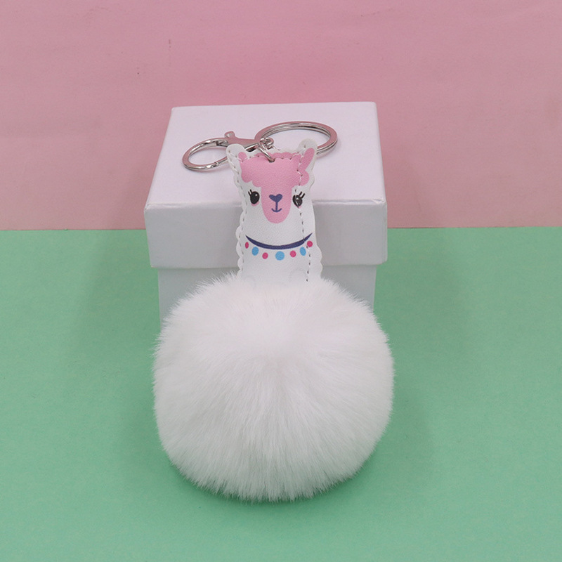 Cute lamb plush keychain PU leather Alpaca bag car key chain ring mobile phone earphone set pendant