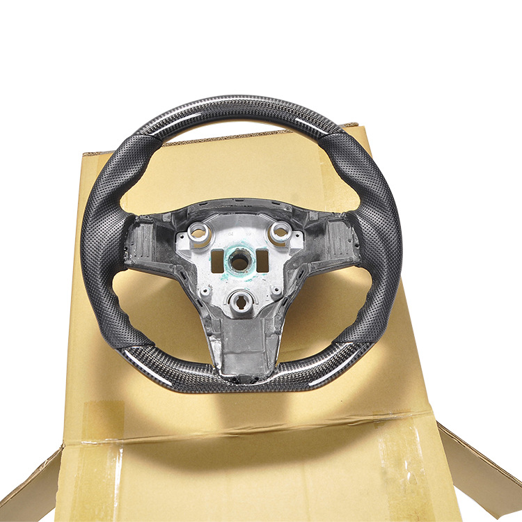 100% Real Carbon Fiber Forged Steering Wheel with Black Perforated Leather and Black Stitching - For Tesla Model Y - Modification