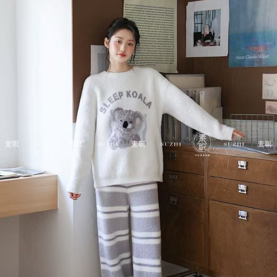 2025秋季新品半边绒睡衣女士可爱考拉条纹裤软绵绵加厚保暖家居服