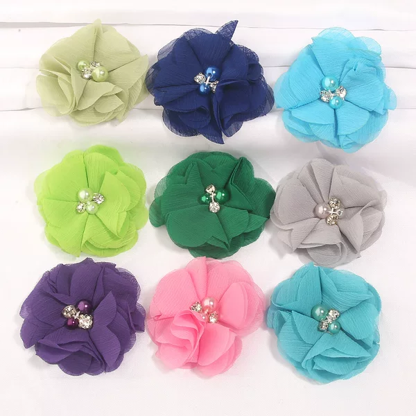 Cross-border DIY jewelry accessories: hand-sewn pearl chiffon flowers, suitable for hair clips, headbands, and clothing. Available in 28 colors with large rhinestones