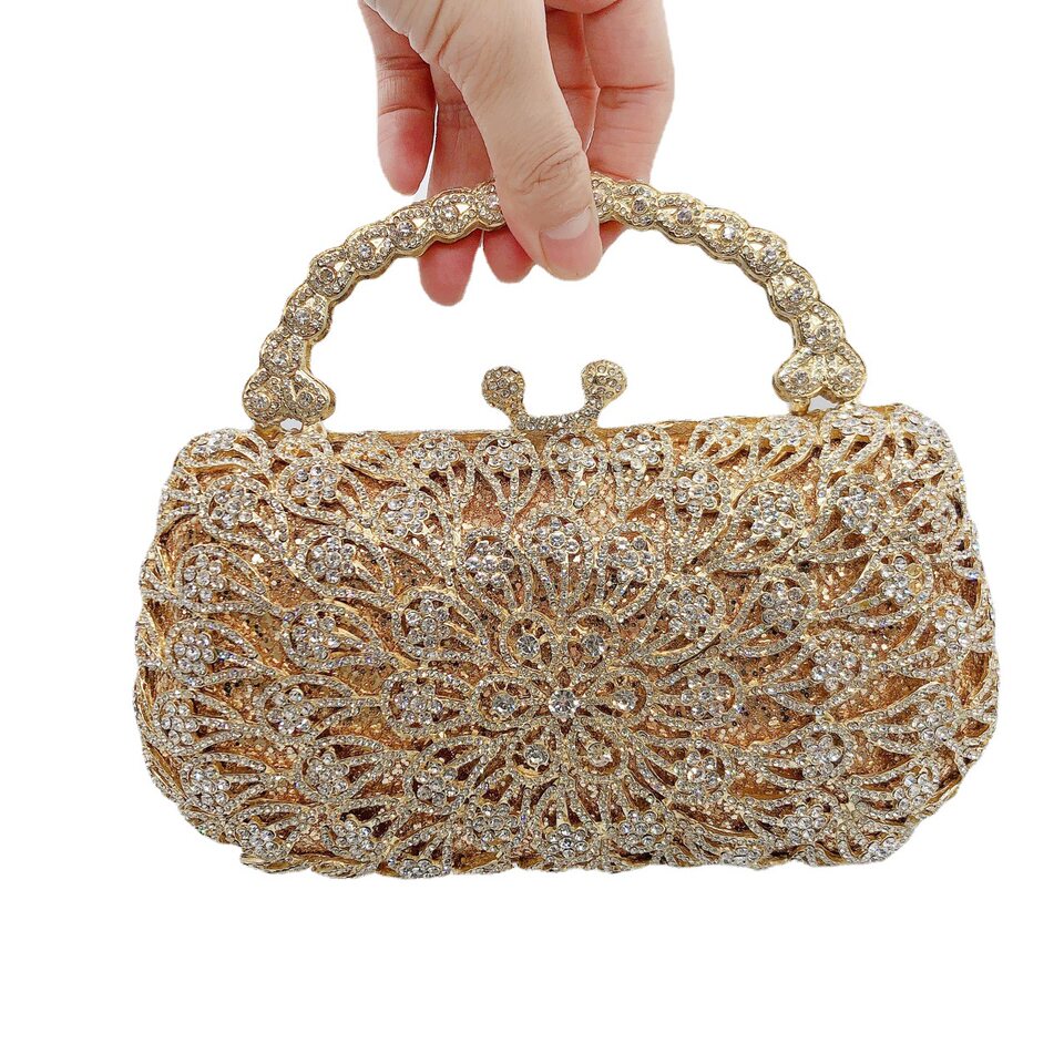 Túi clutch nữ đính kim cương hoa đuôi phượng xách tay dạ tiệc — Nền vàng kim cương trắng, Màu bạc, Cá tính đặt làm