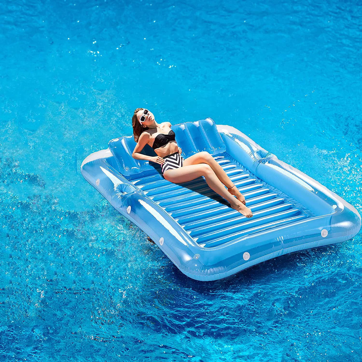跨境新款PVC充气水上双人浮床户外泳池浮床躺椅沙滩水床网纱浮床浮排详情5