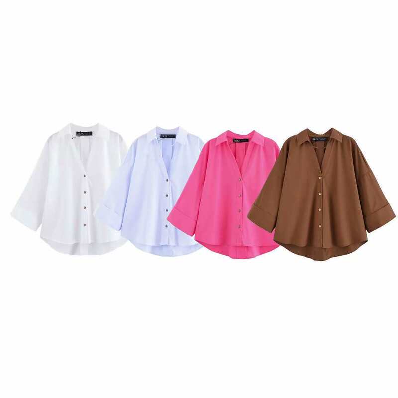 Aliexpress Cross-Border Casual Shirt Popular European and American Wide-Sleeved Women's Poplin White Azure Blue Dark Brown Dark Pink