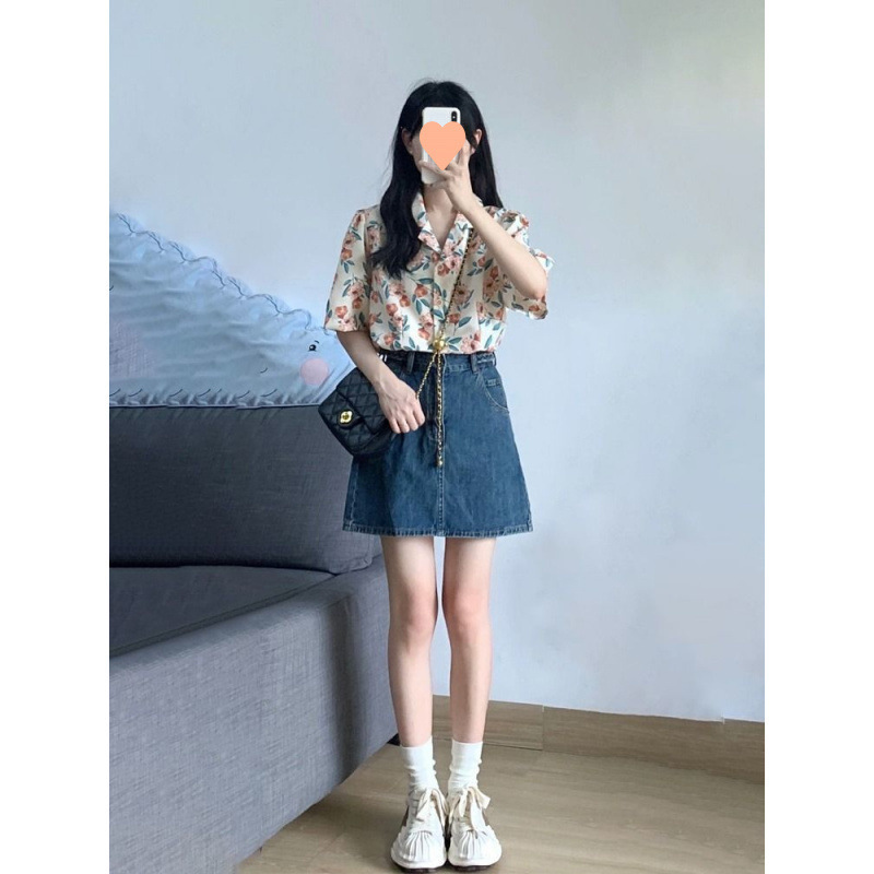 两件套森系碎花衬衫女小个子短袖上衣复古风牛仔短裙裙新中式套装|undefined