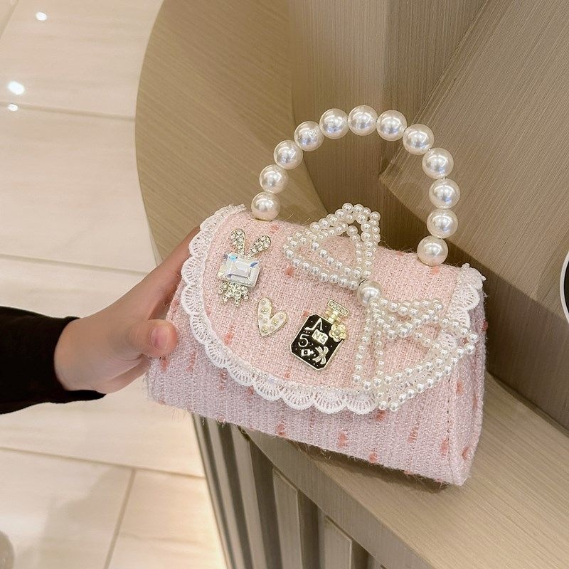 New cute children's bag, pearl handbag for little girls, fashionable crossbody bag, stylish shoulder bag, and tote bag