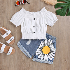 2022熱賣女童一字領高彈打攬收口洗水破洞花朵牛仔短款女小童套裝