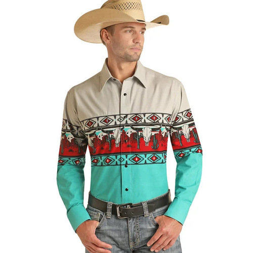 Cross-border Western cowboy trendy retro youth men's punk style 3D digital printing dual pocket men's shirt