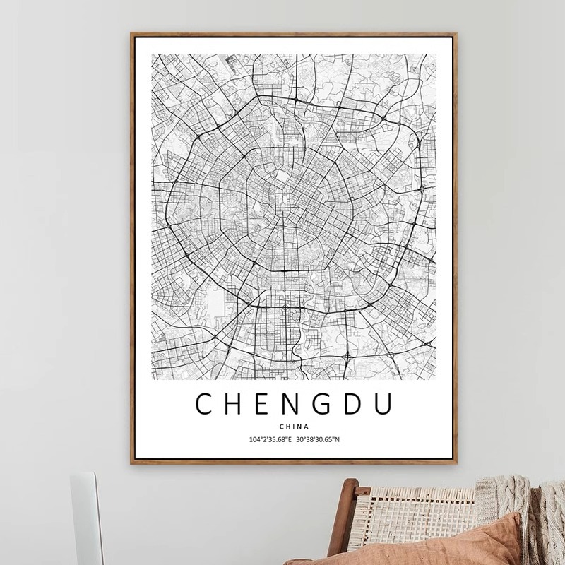 城市地图挂画北欧线条极简铝合金框风装饰画客厅创意晶瓷纪念意义