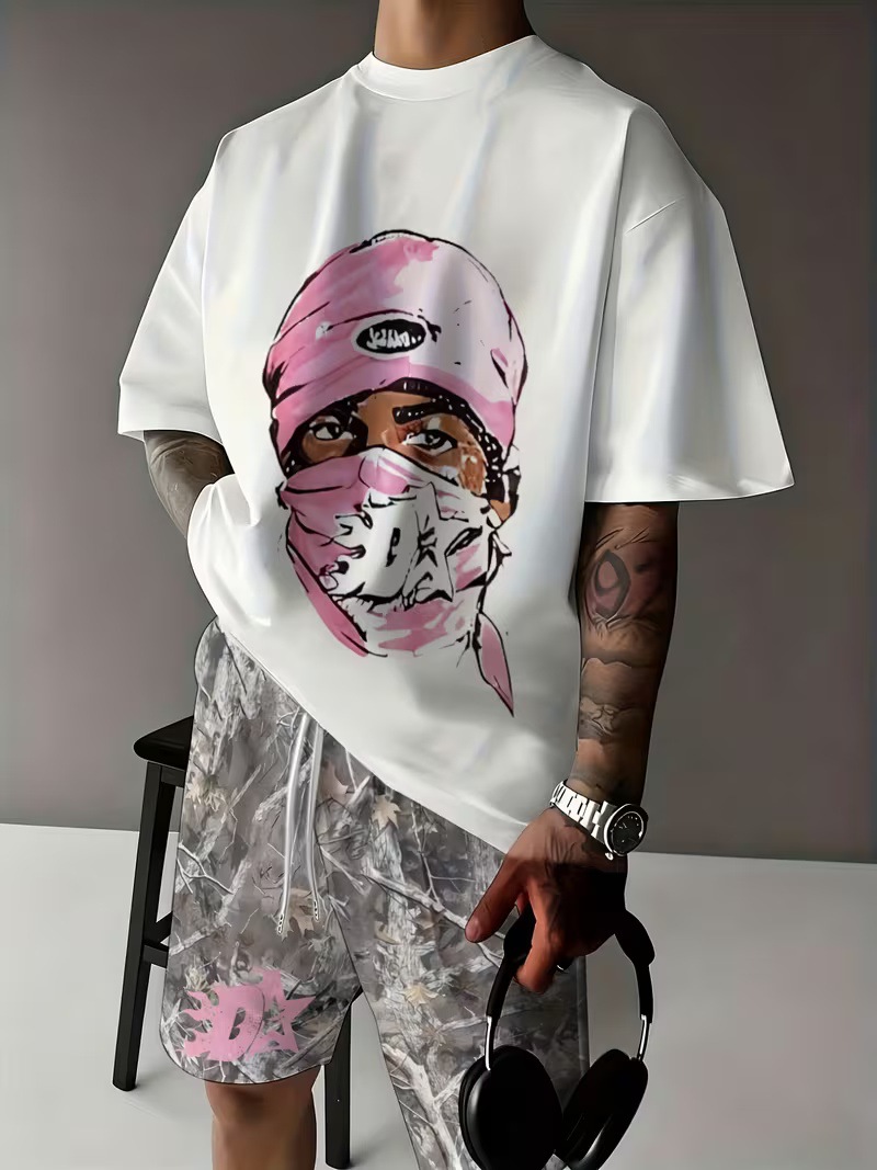 Fábrica de origen puede personalizar la impresión transfronteriza hip-hop manga corta pantalones cortos casuales set sueltos estilo americano diy