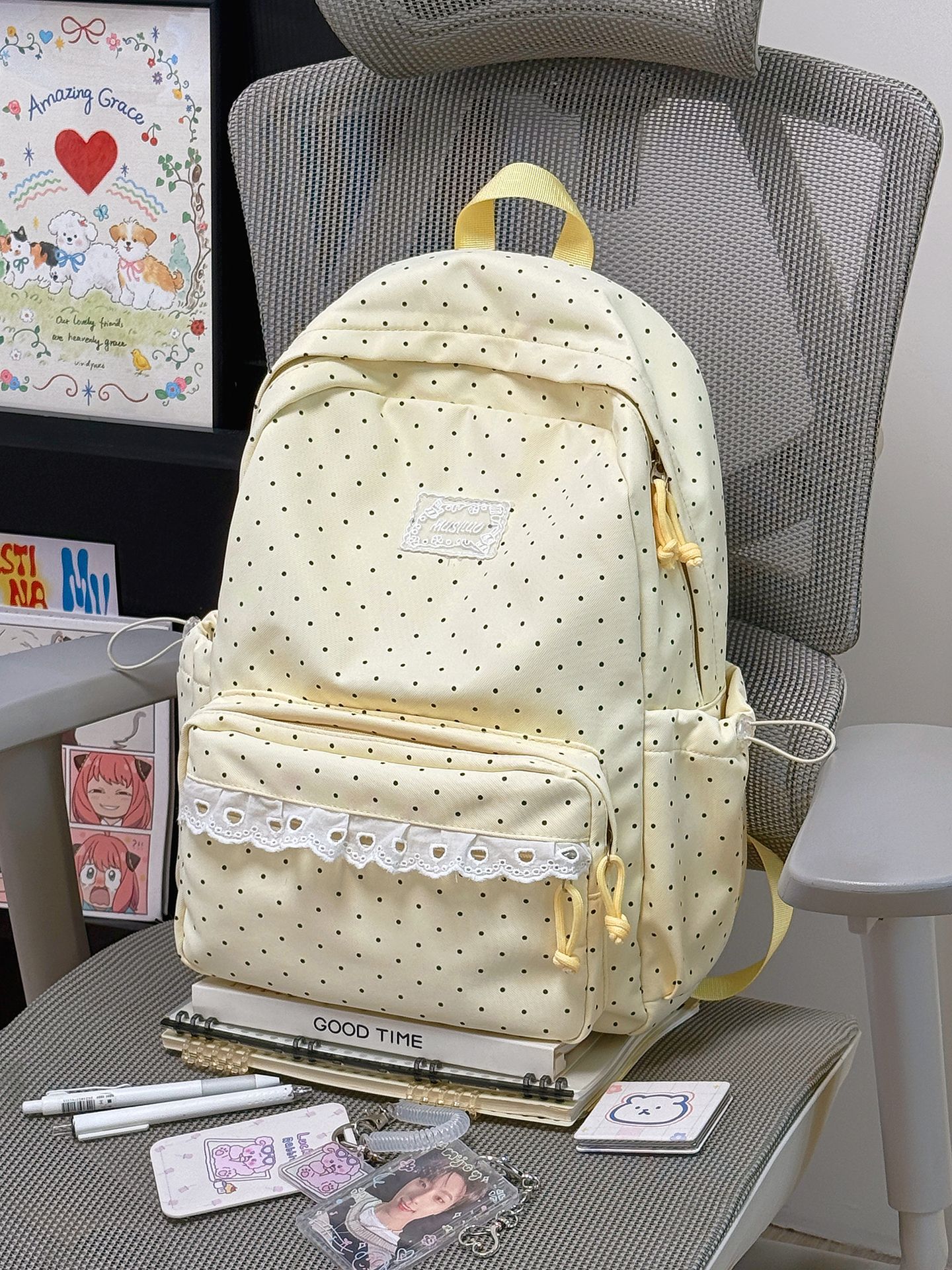 Polka Dot Lace Trim Spacious School Backpack 47