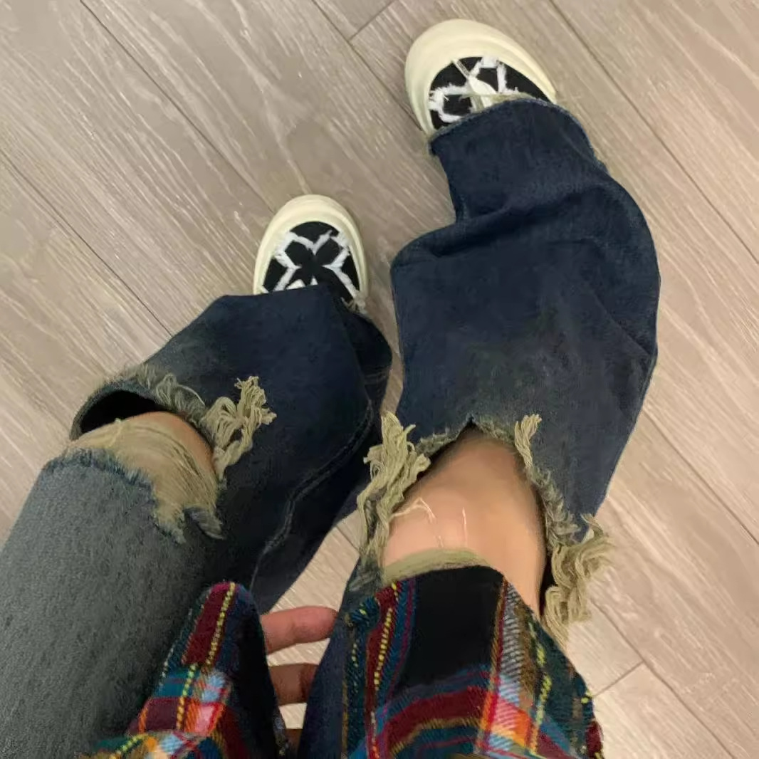Factory Direct Supply Beggar Ripped Jeans Men's Summer Washed Old Micro-Ram Pants Skinny Straight Pants American Style