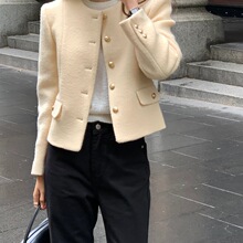 韩国chic 法式圆领毛呢短款外套浅黄色均码黑色国内一二线品牌