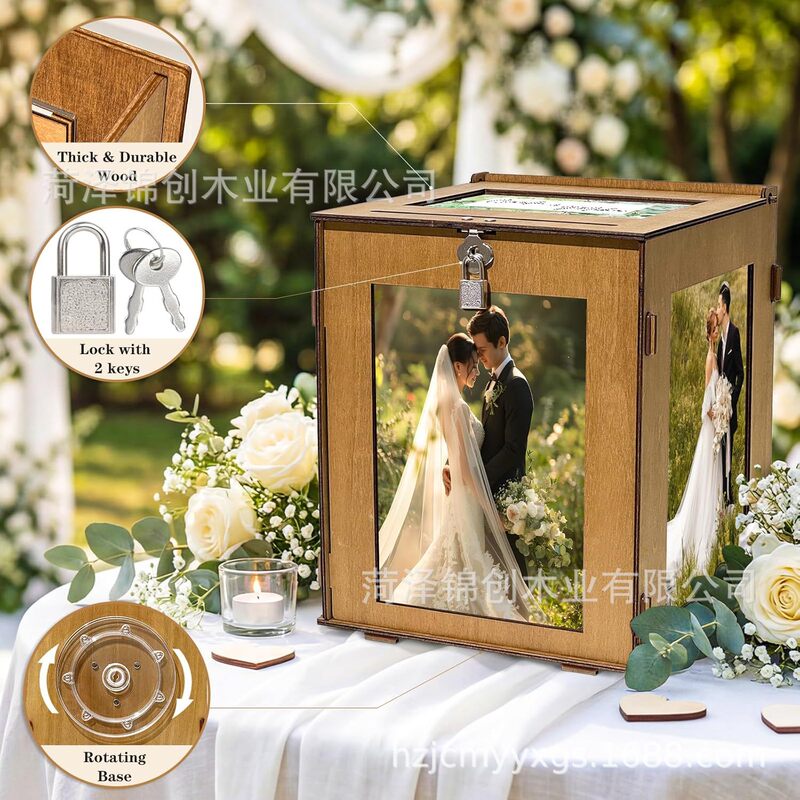 Wooden Wedding Blessing Card Box with Lock, Large Gift Card Box with Photo Frame, Rotating Envelope Money Card Box