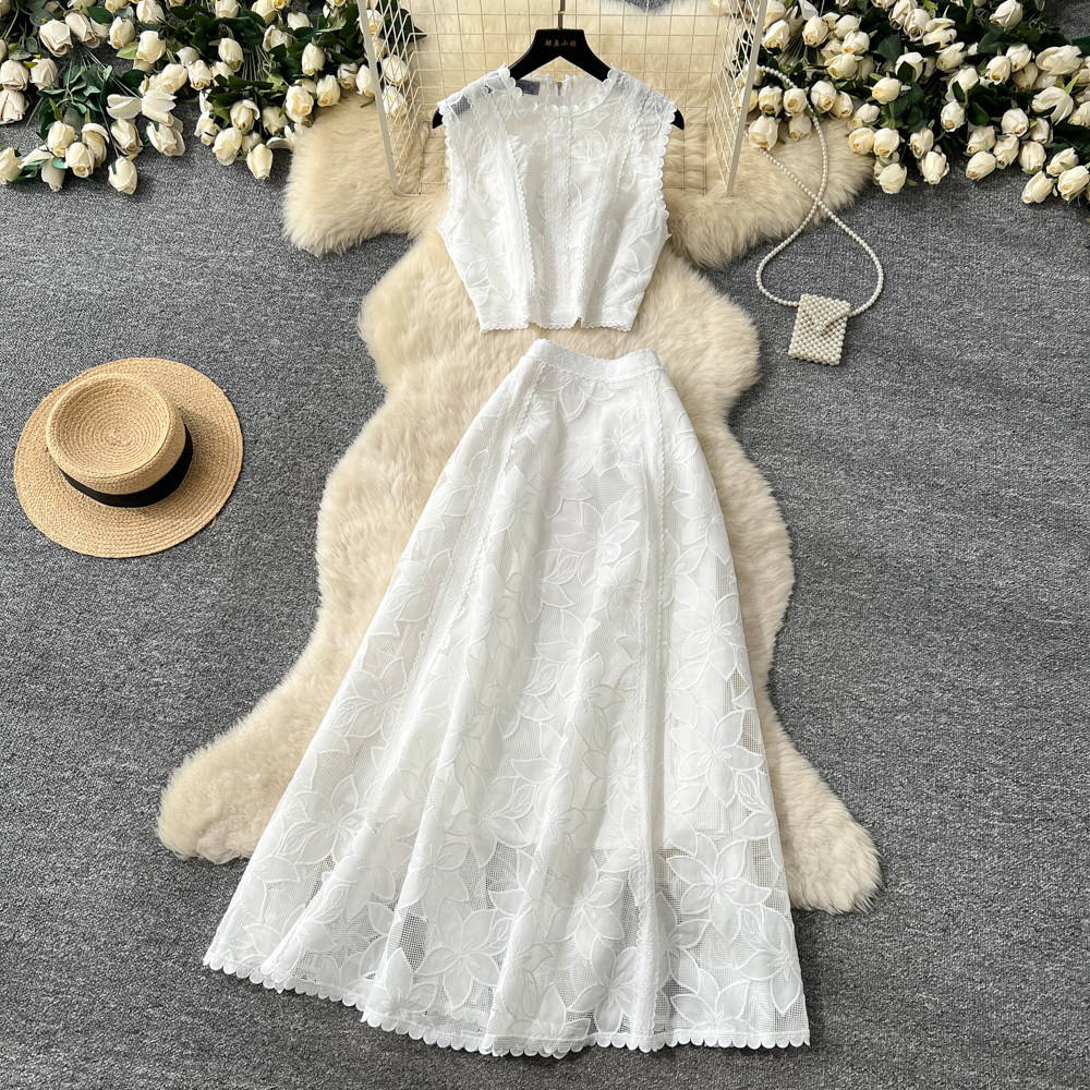 French Style Lace Openwork Two Piece Vest And Skirt Set Elegant_voghion.com
