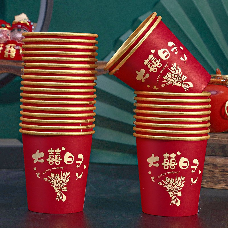 Tazas de papel de boda desechables tazas de boda suministros de boda compromiso de boda gruesa taza de té rojo