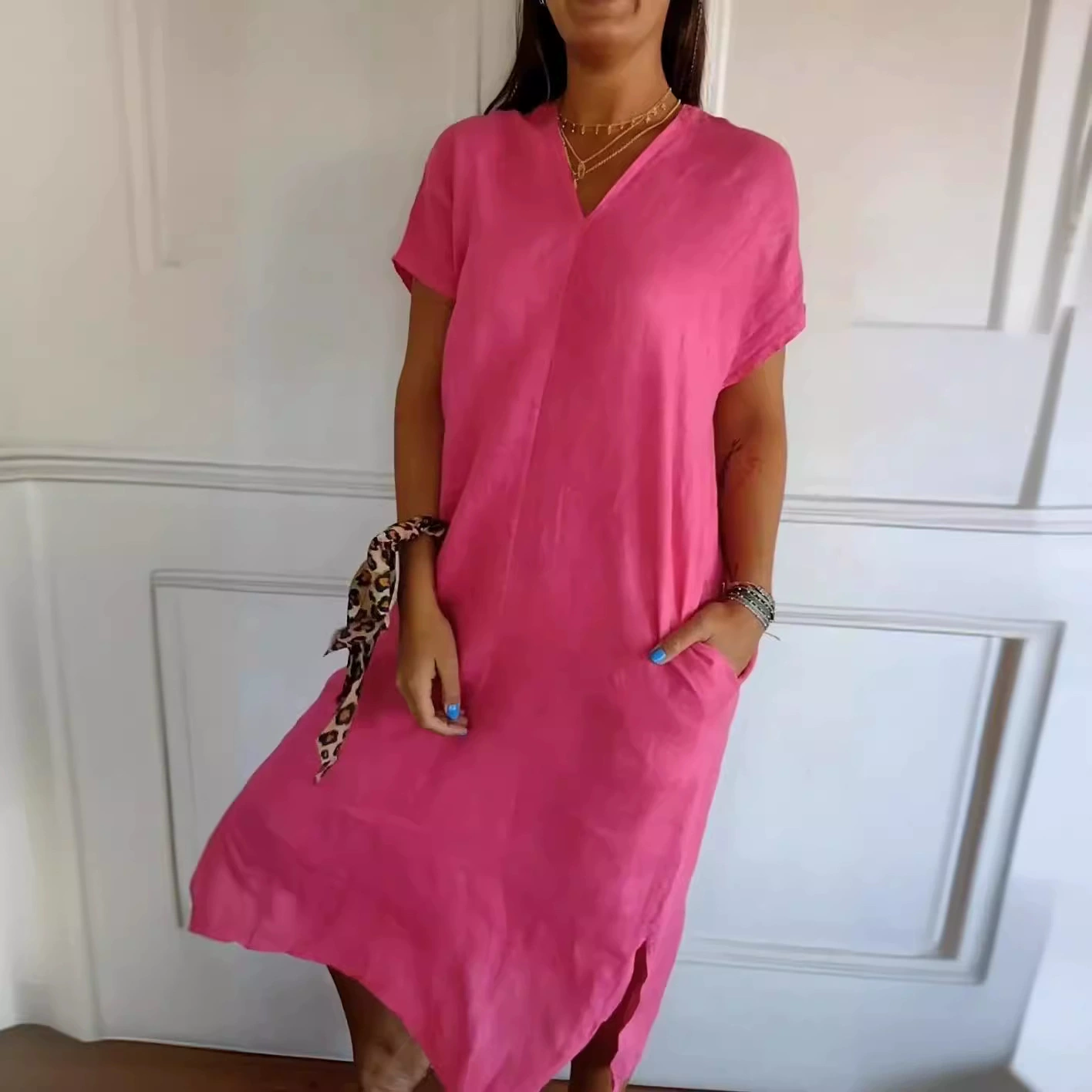 2024 Весна Лето Трансграничная Amazon Независимая станция Новый хлопок льна V-образный вырез с короткими рукавами, свободные платья для женской одежды