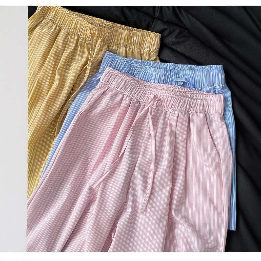 Ins Style Summer Retro Lazy Style Fresh Style Vertical Stripe Wide Leg Loose Thin Casual Trousers Women's Trendy