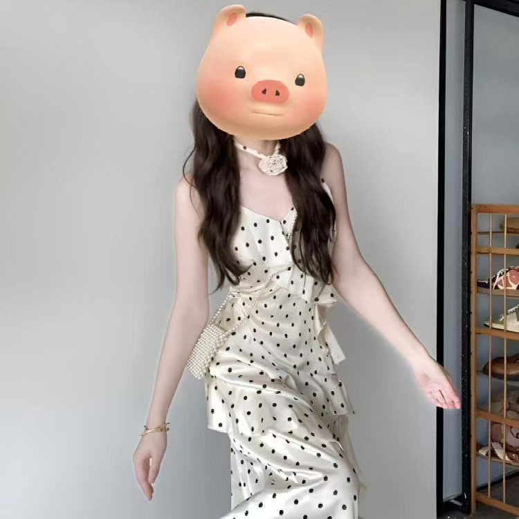 French-Style Polka Dot Spaghetti Strap Dress for Women, 2026 Spring/Summer New Collection, Waist-Cinching, Slimming, Pure Desire Ruffle Edge, Slimming Long Dress