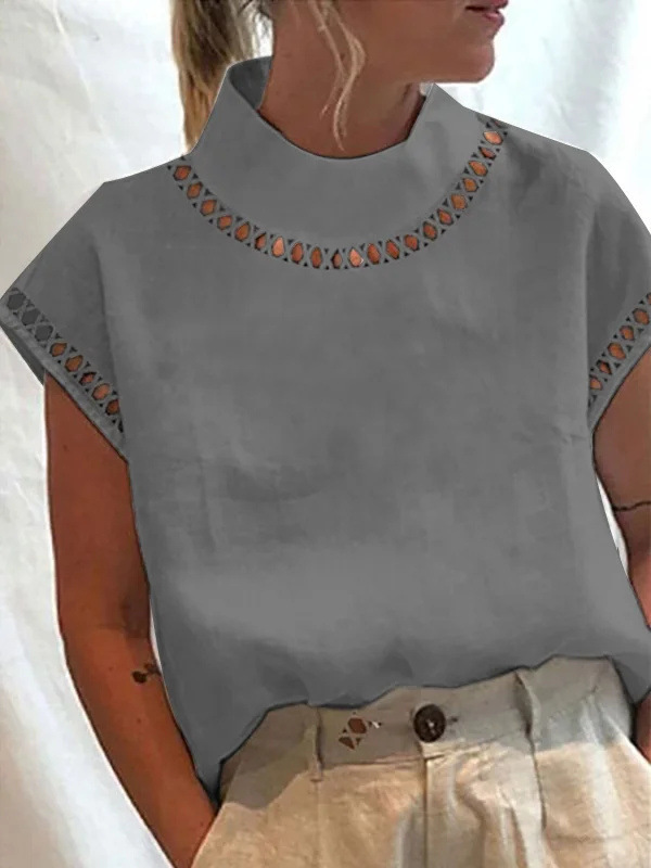 Wish Independent Station Women's Pure Color Cut Out Top Casual High Collar Linen Lace Breathable Shirt Ready Stock