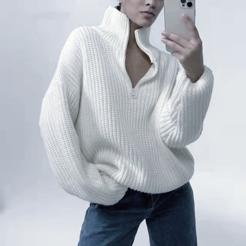 2024 New Sweater Women's Solid Color Zipper Knitted Top Half High Collar Loose Casual Hoodie_voghion.com