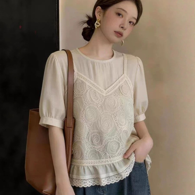 Designed with a Sense of Style, Hollow-Out Embroidered Lace Fake Two-Piece Short-Sleeve Shirt for Women, Plus-Size Elegant Short-Sleeve T-Shirt for Women 12128