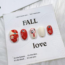 手绘国风扇子鎏金款美甲INS爆款纯手工穿戴甲大红节日庆典款