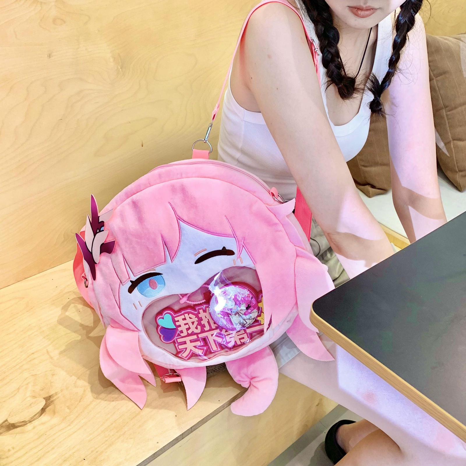 2D Pin Display Backpack, Anime Plush Front with Clear PVC Window, One Size (Hatsune Miku & Characters)