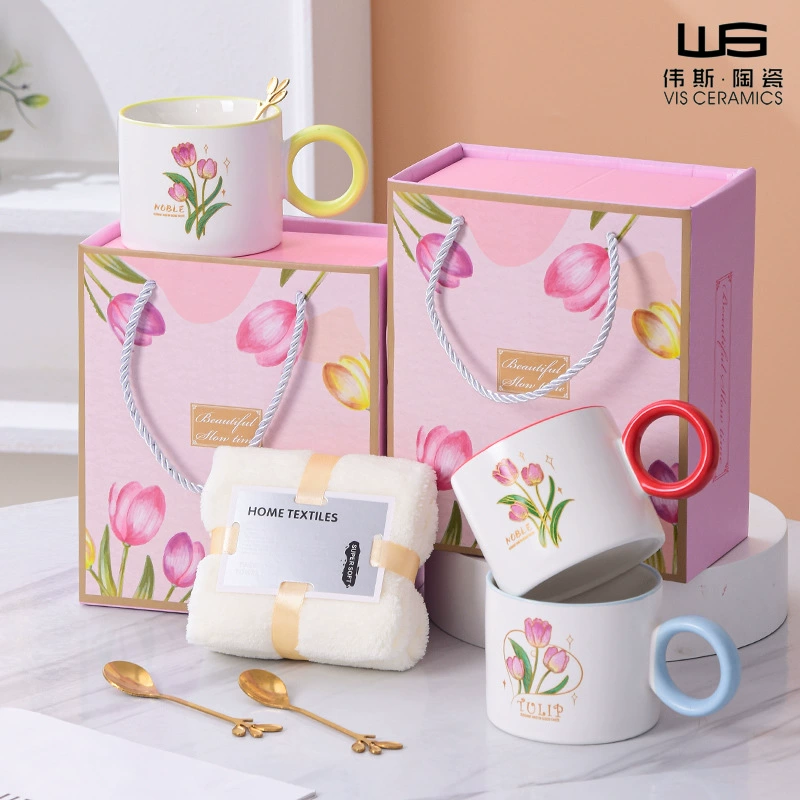Ceramic tea cup, gift box, set, towel, Birthday gift