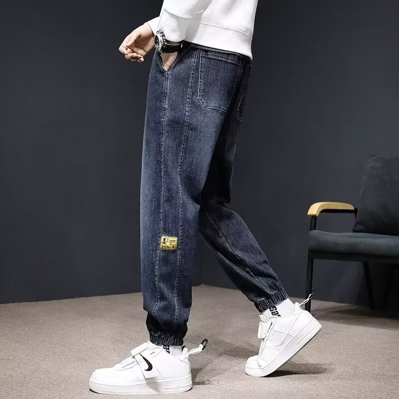 2024 primavera y otoño pantalones vaqueros de cintura elástica todo fósforo para hombres, pantalones de pierna ancha rectos sueltos para adolescentes de la calle principal