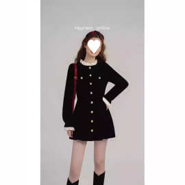 法式小香赫本风丝绒连衣裙子女秋冬季2024新款收腰短款甜美小黑裙