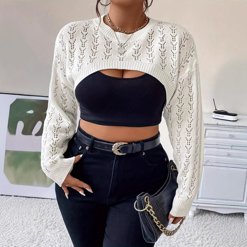Women's White Floral Knit Short Sweater with Round Neck and Long Sleeves, Suitable for Casual Wear and Date Nights Women's White Floral Knit Short Sweater with Round Neck and Long Sleeves, Suitable for Casual Wear and Date Nights