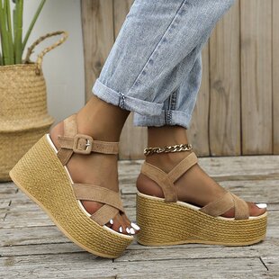 2024 Summer new foreign trade plus size women's platform wedge sandals buckle design European and American style polyurethane sole