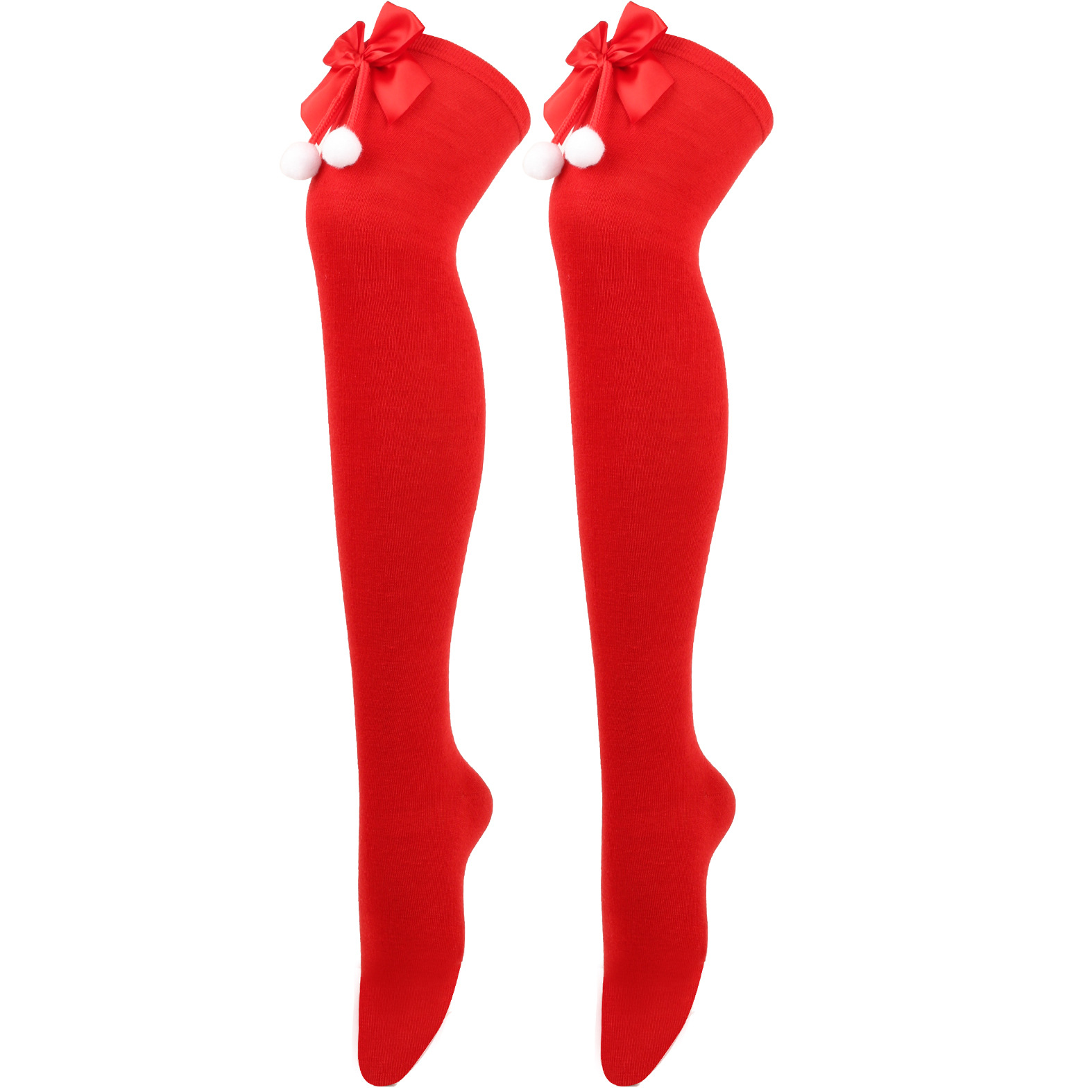 Calzini natalizi unisex con fiocco, calzini a palla, sopra il ginocchio, calzini lunghi da donna, calzini natalizi a righe_voghion.com