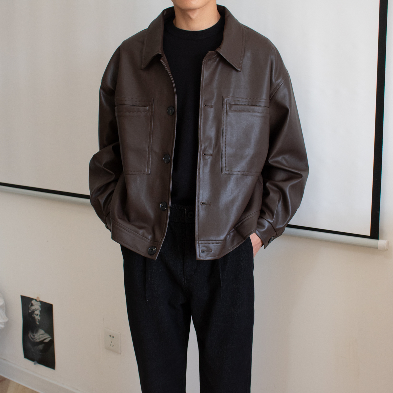 봄과 가을 한국 가죽 자켓 남성용 한국어 느슨한 오토바이 짧은 가죽 자켓 남성용 푹신한 잘 생긴 복고풍 pu 재킷
