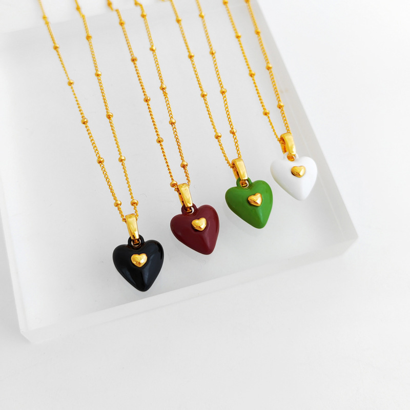 Retro Heart Shape Copper Enamel Pendant Necklace 1 Piece