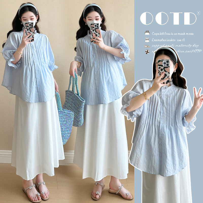 2025 summer new small fresh loose shirt + white skirt temperament pregnant belly tide mother pregnant suit
