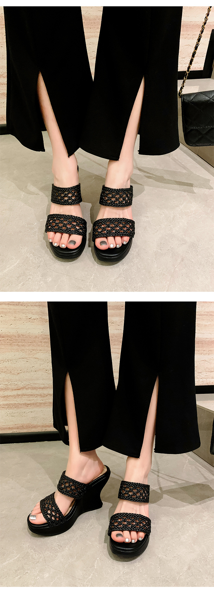 Dép lê đan phong cách Chanel đế xuồng cao gót 10cm cho nữ mùa hè — Màu đen, Màu trắng chi tiết 11
