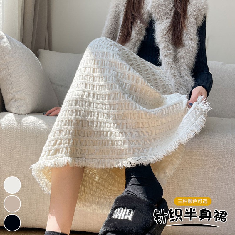 实拍软糯设计流苏针织半身裙女高腰显瘦毛线裙肌理直筒休闲长裙子|undefined